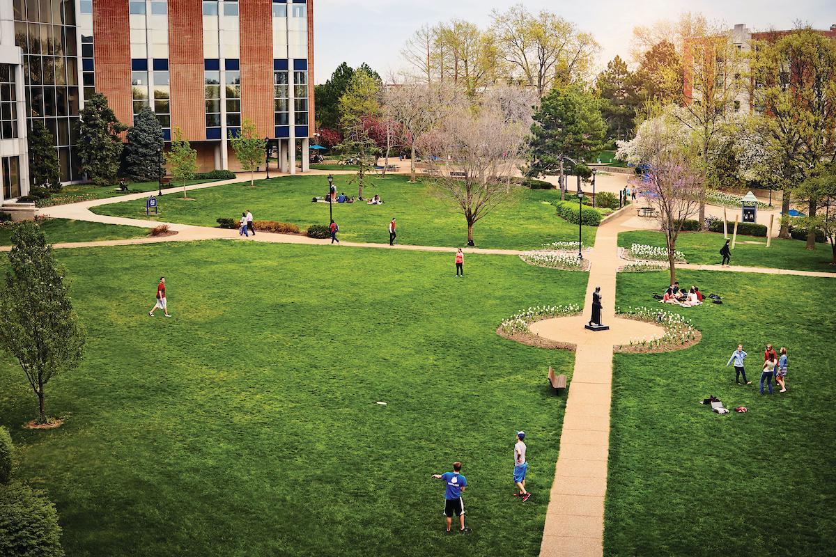 The quad is a popular spot to spread out a blanket and study or find a pick-up game of Frisbee. 